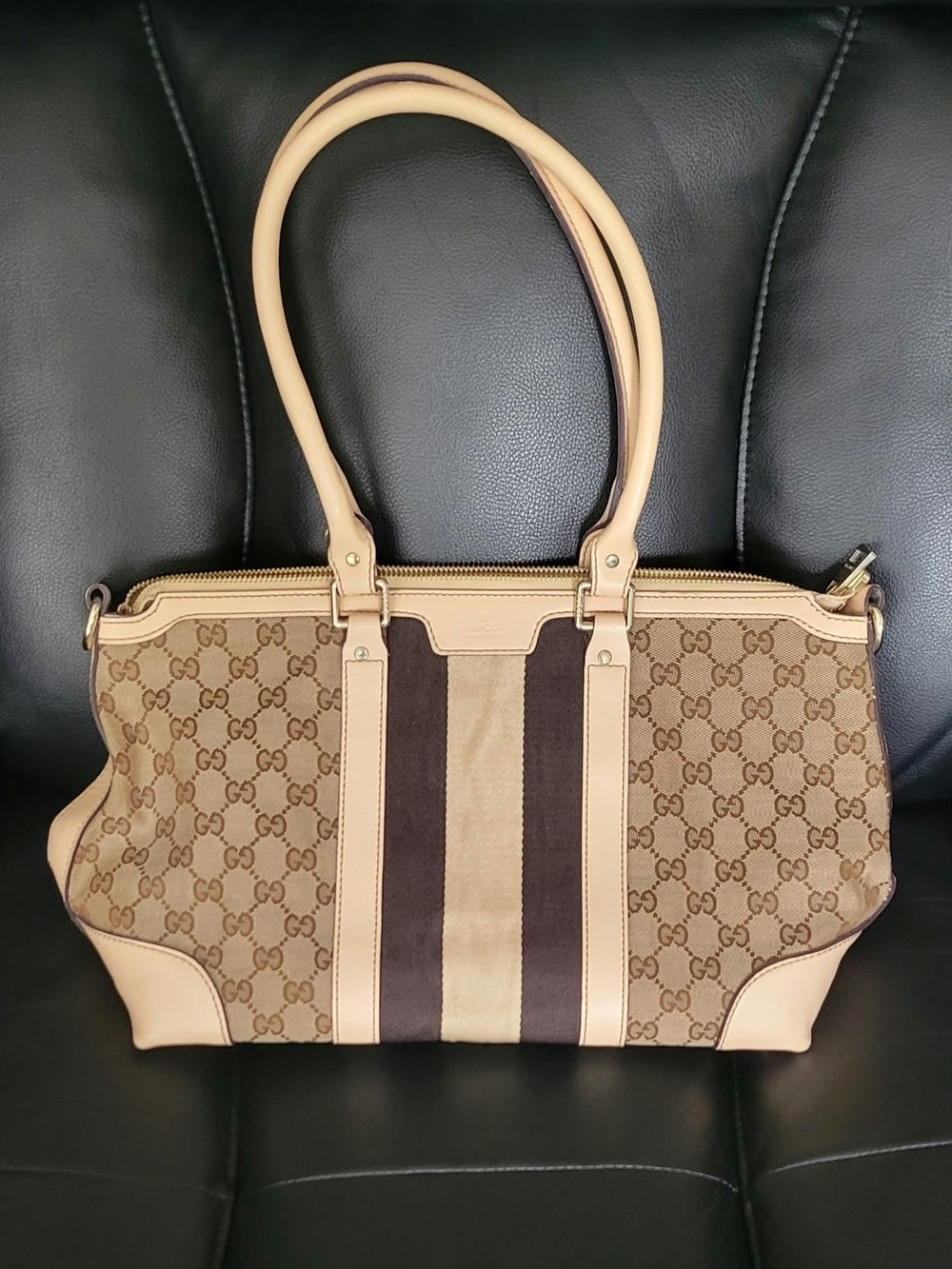 Gucci VINTAGE THE CANVAS BOSTON Brown & Beige GG Shoulder Bag